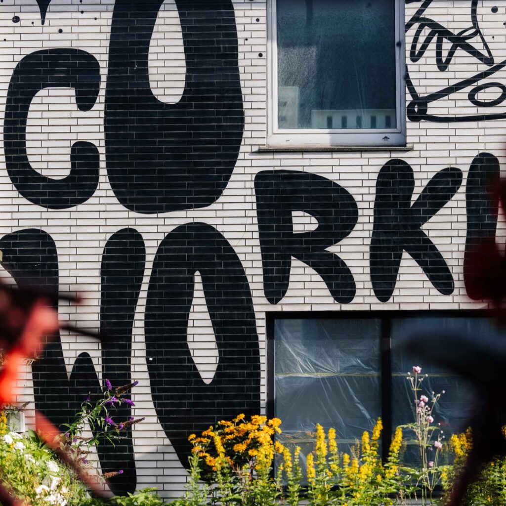 Eine Hauswand mit Graffiti. Darauf steht Coworking. Die Wand gehört zum Halveraner Werkhof und steht in diesem Kontext für die Wirtschaft in Halver.